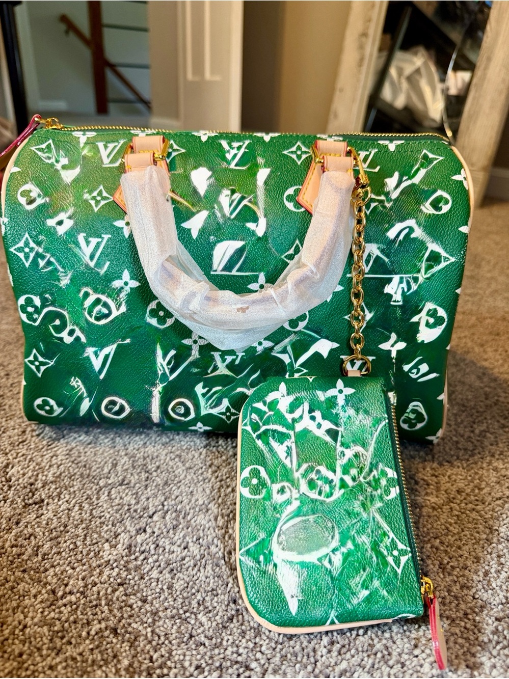 Green and White Monogram Satchel with Detachable Pouch and crossbody strap